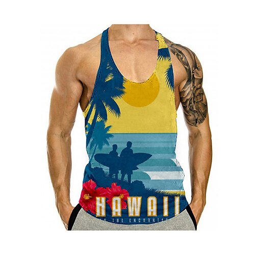 

Men's Tank Top Vest 3D Print Scenery Graphic Prints Crew Neck Daily Sports Print Sleeveless Tops Classic Designer Hawaiian Big and Tall Blue