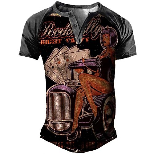 

Men's Henley Shirt Tee T shirt 3D Print Graphic Poker Plus Size Henley Daily Sports Button-Down Print Short Sleeve Tops Basic Casual Classic Designer Wine / Summer