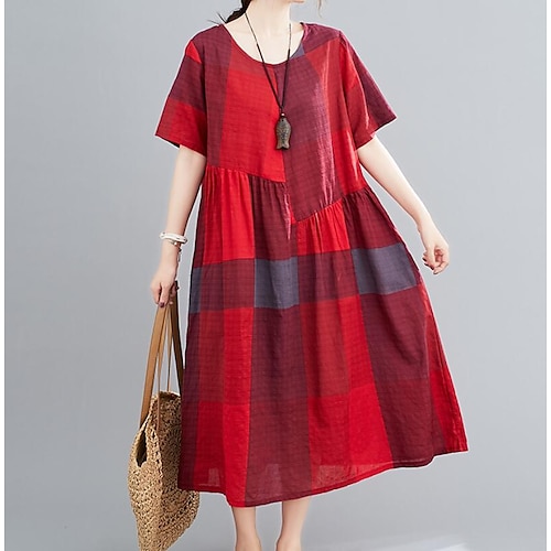 

Women's Shift Dress Knee Length Dress Blue Khaki Red Short Sleeve Plaid Print Summer Crew Neck Vintage Linen M L XL XXL