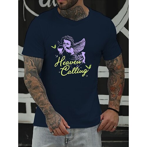 

Men's T shirt Hot Stamping Angel Letter Round Neck Casual Daily Print Short Sleeve Tops Simple Basic Blue Black Gray