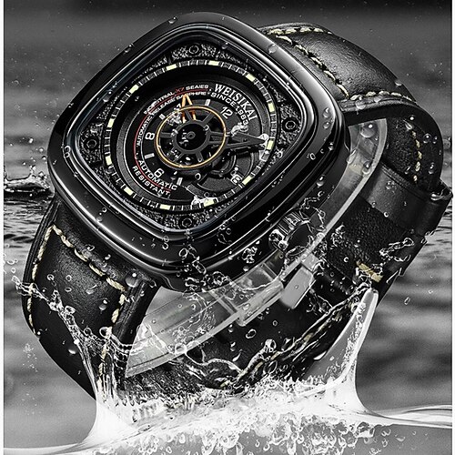

WEISIKAI Mechanical Watch for Men Analog Automatic self-winding Luminous Hole Outdoor Waterproof Calendar Noctilucent Alloy Genuine Leather Fashion