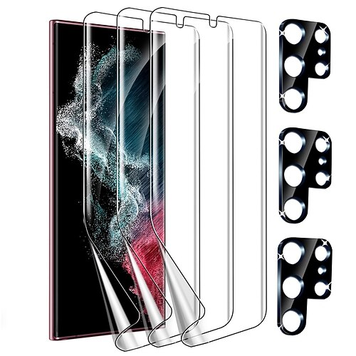 

3- 3 Pack for Samsung Galaxy S22 Ultra 5G Screen Protector Not Glass 3 Pack Flexible TPU Film with 3 Pack Tempered Glass Camera Lens Protector Fingerprint Compatible Case Friendly