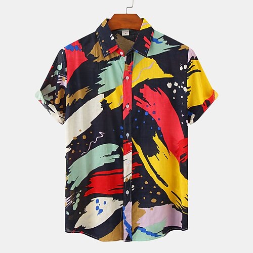 

Men's Shirt Other Prints Geometry Plus Size Turndown Holiday Print Short Sleeve Tops 2pcs Beach Light Yellow