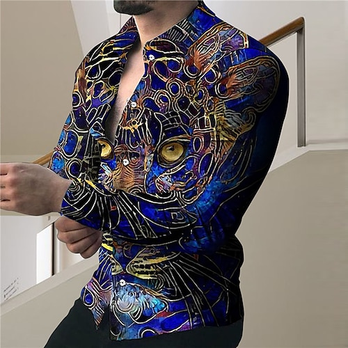 

Homens Camisa Social Camisa Gráfica Animal Tigre Aberto para a Lateral Azul Ao ar livre Rua Manga Longa Botão para baixo Imprimir Roupa Moda Designer Casual Respirável