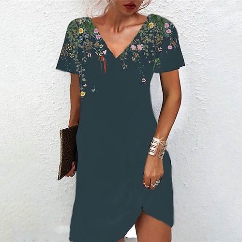 

Women's Casual Dress Green Short Sleeve Floral Print Spring Summer V Neck Weekend Loose Fit 2022 S M L XL XXL 3XL