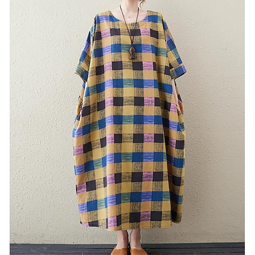 

Women's Shift Dress Maxi long Dress Yellow Short Sleeve Plaid Patchwork Print Summer Crew Neck Vintage Linen One-Size