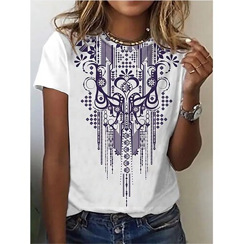 

Women's T shirt Tribal Patchwork Print Round Neck Basic Tops White / 3D Print