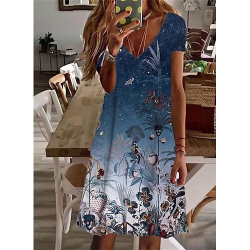 

Mujer Vestido informal Vestido de cambio Azul Piscina Manga Corta Floral Estampado Primavera Verano Escote en Pico Holgado 2022 S M L XL XXL 3XL