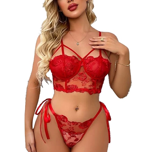 

Women's Christmas Lingeries Gift Sexy Lingerie Sets Hot See Through Home Vacation Straps Backless Embroidery Red