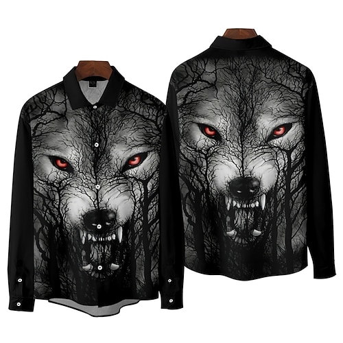 

Men's Shirt 3D Print Wolf Animal Collar Street Casual Long Sleeve Tops Fashion Vintage Classic Black