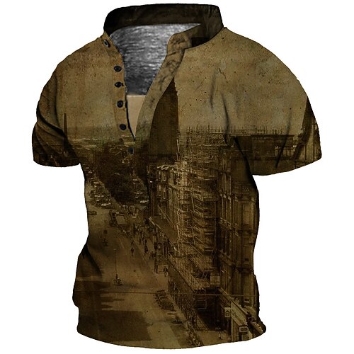 

Men's Henley Shirt Tee T shirt 3D Print Graphic Building Plus Size Stand Collar Daily Sports Button-Down Print Short Sleeve Tops Basic Casual Vintage Designer Brown