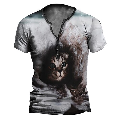 

Men's Henley Shirt T shirt Tee 3D Print Cat Graphic Henley Casual Daily Button-Down Print Short Sleeve Tops Casual Vintage Classic Designer Gray / Summer