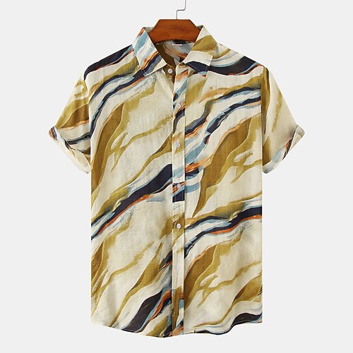 

Men's Shirt Other Prints Geometry Plus Size Turndown Holiday Print Short Sleeve Tops 2pcs Beach Light Yellow
