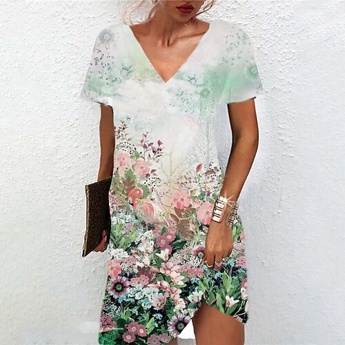 

Women's A Line Dress Short Mini Dress Green Short Sleeve Floral Print Spring Summer V Neck Casual Vacation 2022 S M L XL XXL 3XL