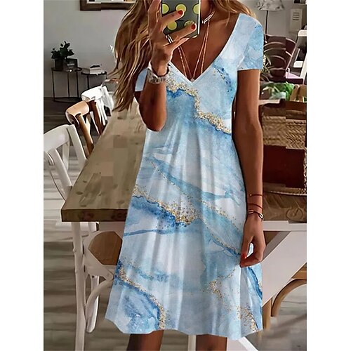 

Women's A Line Dress Knee Length Dress Blue Short Sleeve Geometric Print Spring Summer V Neck Basic 2022 S M L XL XXL 3XL / 3D Print