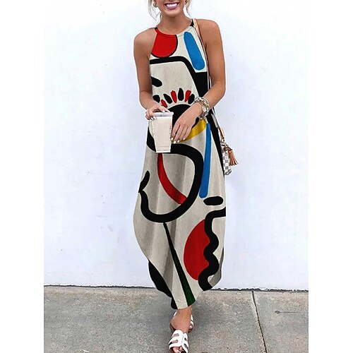 

Women's Slip Dress Maxi long Dress Light Pink White Pink Red Sleeveless Print Abstract Split Fall Spring Round Neck Stylish Party 2022 XS S M L XL 2XL 3XL 4XL 5XL 6XL