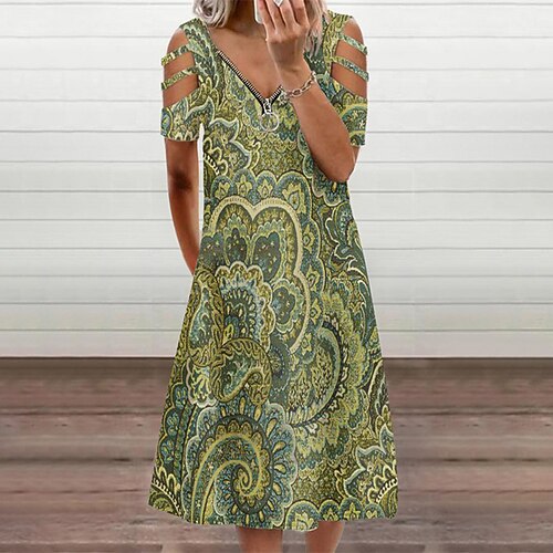 

Women's A Line Dress Knee Length Dress Green Blue Black Light Green Yellow Light Blue Short Sleeve Floral Print Hollow Out Cold Shoulder Print Spring Summer V Neck Stylish Casual 2022 S M L XL XXL