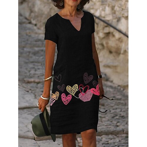 

Women's Casual Dress Midi Dress Black Short Sleeve Heart Print Spring Summer V Neck Linen S M L XL XXL 3XL