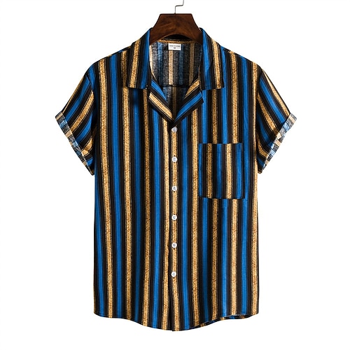 

Men's Shirt Striped Geometric Turndown Street Casual Button-Down Print Short Sleeve Tops Casual Fashion Streetwear Cool Blue White Gold