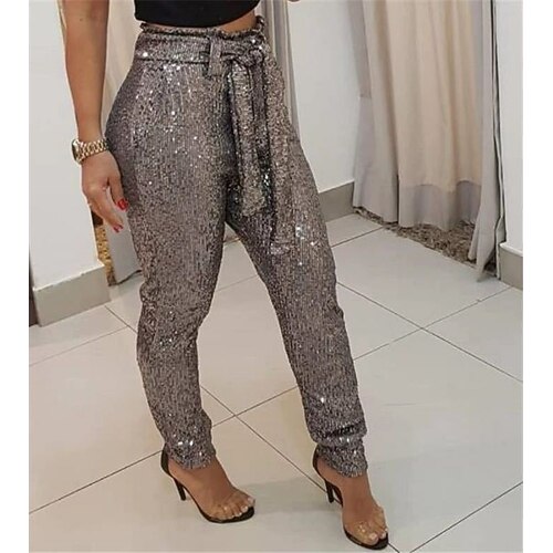 

Women's Chinos Pants Trousers Khaki Silver Gold Mid Waist Fashion Casual Weekend Sequins Side Pockets Ankle-Length Comfort Plain S M L XL