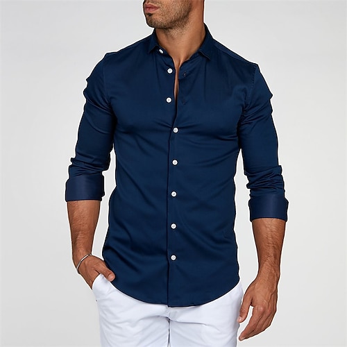 

Men's Shirt Solid Color Turndown Street Casual Button-Down Long Sleeve Tops Casual Fashion Breathable Comfortable Navy Blue