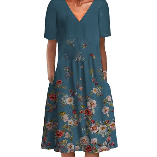

Women's Shift Dress Knee Length Dress Green Blue Purple Wine Short Sleeve Floral Pocket Print Spring Summer V Neck Stylish Casual 2022 S M L XL XXL 3XL