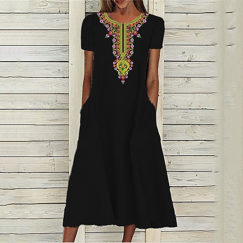 

Women's A Line Dress Midi Dress Black Short Sleeve Floral Pocket Print Spring Summer Round Neck Stylish Casual Modern 2022 S M L XL XXL 3XL