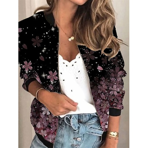 

Women's Bomber Jacket Casual Jacket Varsity Jacket Outdoor Daily Holiday Spring Summer Regular Coat Stand Collar Regular Fit Breathable Active Sporty Casual Jacket Long Sleeve 3D Print Floral Full