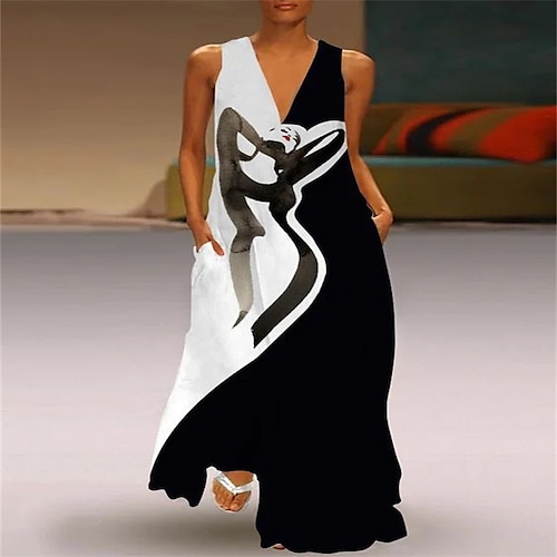 

Women's Shift Dress Maxi long Dress Black And White Sleeveless Animal Print Summer V Neck Vintage 2022 M L XL XXL 3XL