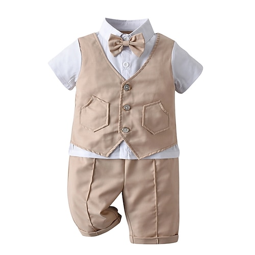 

2 Pieces Kids Boys Suit & Blazer Clothing Set Outfit Solid Color Short Sleeve Bow Cotton Set Party Gentle Spring Summer 1-5 Years Khaki Navy Blue Light Blue