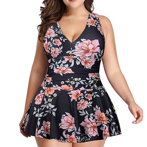 

Mulheres Roupa de Banho Tankini 2 partes Tamanho Grande roupa de banho Sem costas Estampado Floral Árvores / Folhas Branco Preto Rosa claro Laranja Azul Marinha Túnica Decote em V-wire Fatos de banho