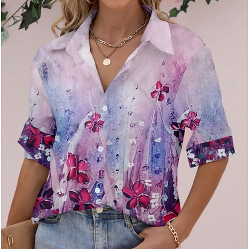 

Women's Floral Theme Blouse Shirt Graphic Flower Print Shirt Collar Casual Tops Purple Red Yellow / 3D Print