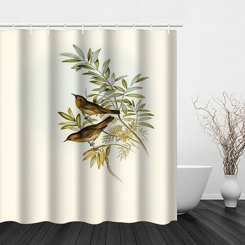 

Simple Botanical Illustration Fresh Flower Print Four-piece Shower Curtain Hook Modern Polyester Machined Waterproof Bathroom