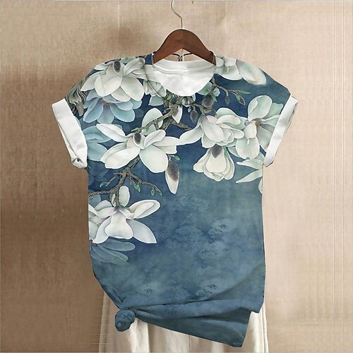 

Women's Plus Size Curve Tops T shirt Floral Print Short Sleeve Crewneck Streetwear Daily Sports Cotton Spandex Jersey Spring Summer Blue