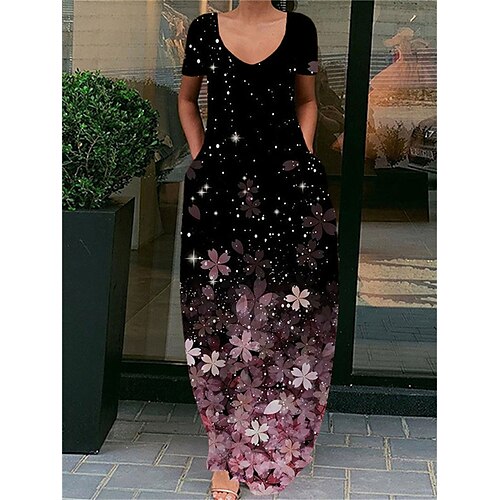 

Women's Shift Dress Maxi long Dress Black Short Sleeve Floral Pocket Print Spring Summer V Neck Casual Vacation 2022 S M L XL XXL 3XL