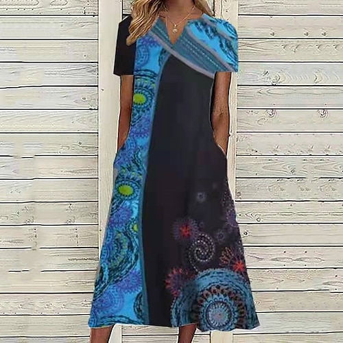 

Robe mi-longue Femme Robe casual Manche Courte Printemps Eté Poche Imprimer Bloc de couleur Col V Ample 2022 Bleu S M L XL XXL 3XL