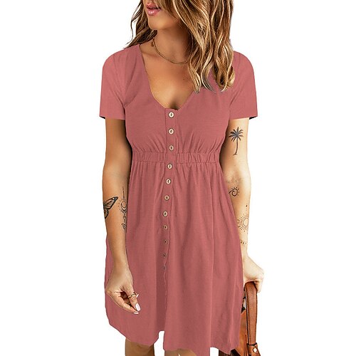 

Women's Shift Dress Short Mini Dress White Purple Pink Wine Khaki Yellow Short Sleeve Pure Color Button Spring Summer V Neck Casual Classic 2022 S M L XL XXL 3XL
