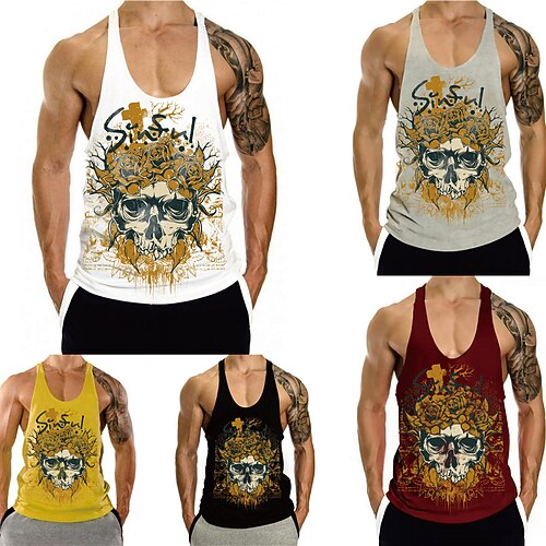 

Men's Tank Top Vest Hot Stamping Graphic Prints Skull Plus Size Crew Neck Daily Sports Print Sleeveless Tops Fashion Classic Designer Hawaiian White Black Gray