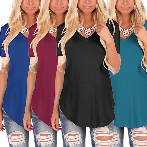 

Women's Blouse T shirt Basic V Neck Plain Modern V Neck T-shirt Sleeve Regular Summer Green Blue White Black Red