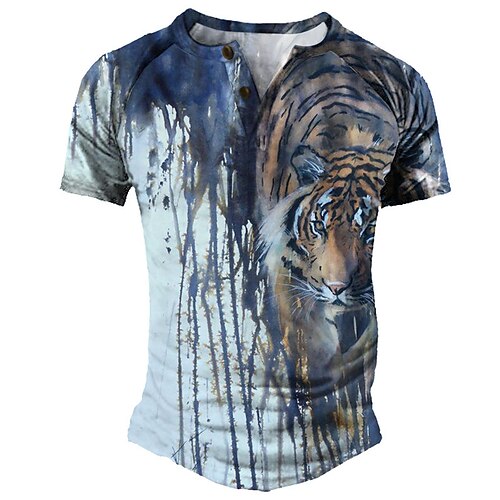 

Men's Henley Shirt Tee T shirt 3D Print Graphic Color Block Tiger Plus Size Henley Daily Sports Patchwork Button-Down Short Sleeve Tops Basic Casual Classic Designer Blue