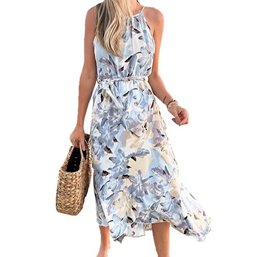 

Women's A Line Dress Midi Dress Blue Red Yellow Sleeveless Floral Print Spring Summer Round Neck Elegant Casual Vacation 2022 S M L XL
