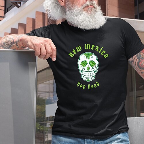 

Men's T shirt Hot Stamping Skull Letter Round Neck Casual Daily Print Short Sleeve Tops Simple Basic Blue Black Gray