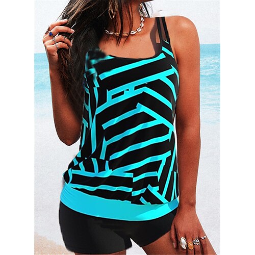 

Women's Swimwear Tankini 2 Piece Plus Size Swimsuit Open Back Printing for Big Busts Letter Blue Purple Royal Blue Rainbow Camisole Strap Bathing Suits New Vacation Fashion / Modern / Padded Bras