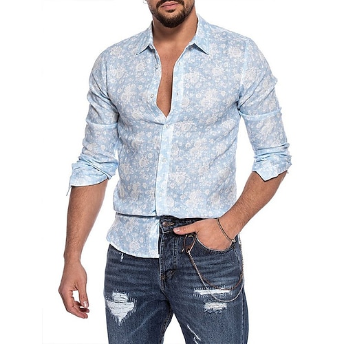 

Men's Shirt Hot Stamping Floral Graphic Turndown Street Casual Button-Down Print Long Sleeve Tops Fashion Classic Comfortable Big and Tall Blue