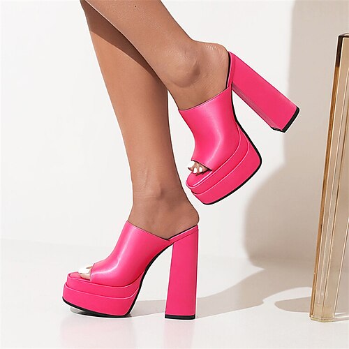 

Women's Mules Daily Summer Chunky Heel Open Toe Minimalism PU Leather Loafer Color Block Black Green Fuchsia