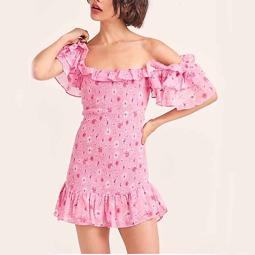

Women's Floral Dress Short Mini Dress Pink Short Sleeve Floral Print Summer Off Shoulder Stylish Cap Sleeve 2022 S M L