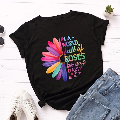 

Women's Plus Size Curve Tops Blouse T shirt Tee Floral Letter Print Short Sleeve Crewneck Streetwear Preppy Daily Vacation Cotton Spring Summer Green White