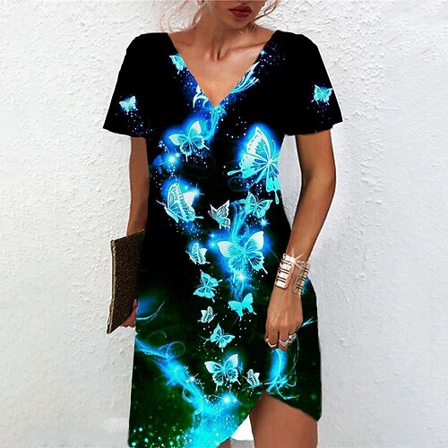 

Women's A Line Dress Short Mini Dress Blue Short Sleeve Butterfly Animal Print Spring Summer V Neck Casual Vacation 2022 S M L XL XXL 3XL