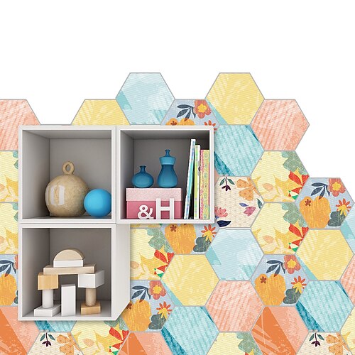 

10pcs Floral Hexagonal Tile Stickers Bathroom Kitchen Wall Stickers Non-slip Floor Stickers