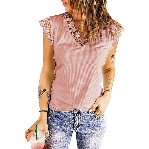 

Women's Tank Top Camis Plain Lace Trims V Neck Casual Tops Blue White Black
